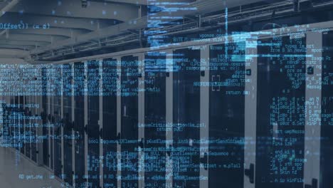 animación del procesamiento de datos frente a una sala de servidores de computadora vacía
