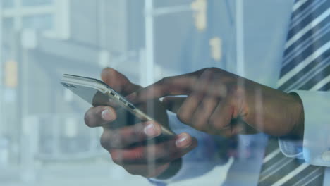 animation of man using smartphone over cityscape