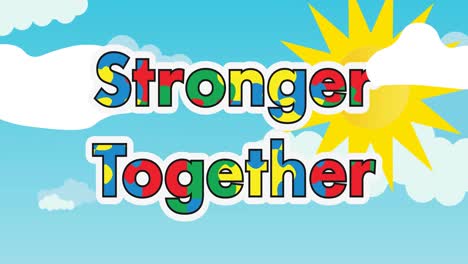 animation of stronger together in autism awareness puzzles over sun on blue sky