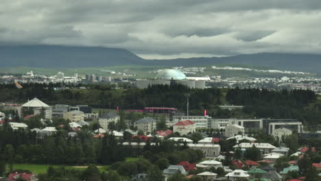 Restaurant-on-a-hill-Reykjavik-Iceland-aerial-shot-cloudy-day