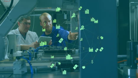 engineers discussing data processing animation over machinery in industrial setting