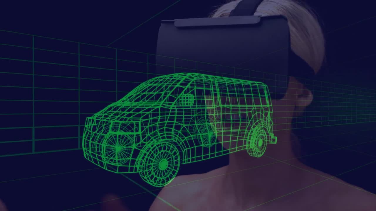 animación de un dibujo de coche en 3d sobre una mujer con auriculares vr