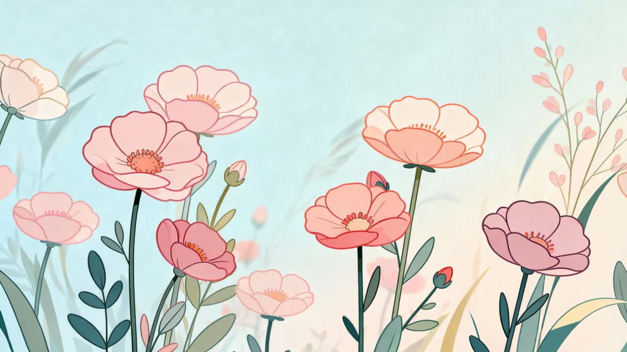 Swaying pink coral poppy-like flowers drifting in meadow from gentle breeze, with unopened buds