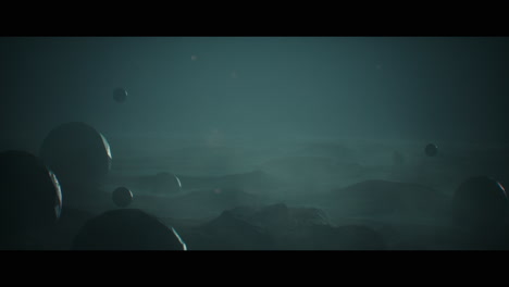alien planet desert landscape at night with strange sphere-shaped buildings