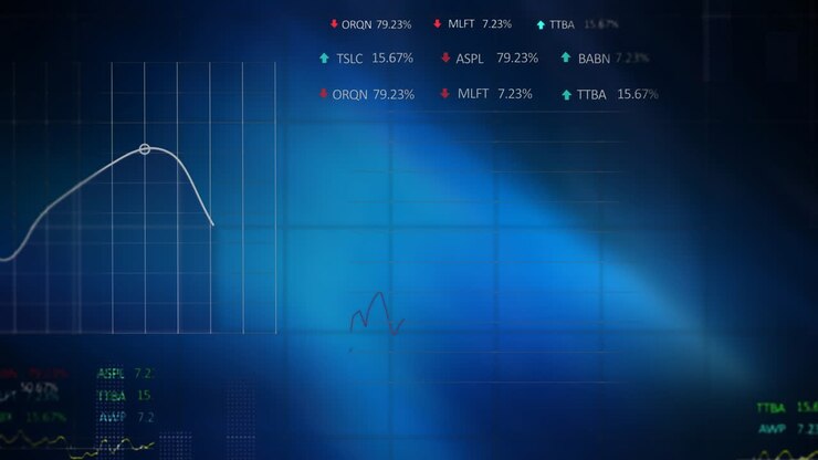 Animation of financial data processing and statistics over blue background