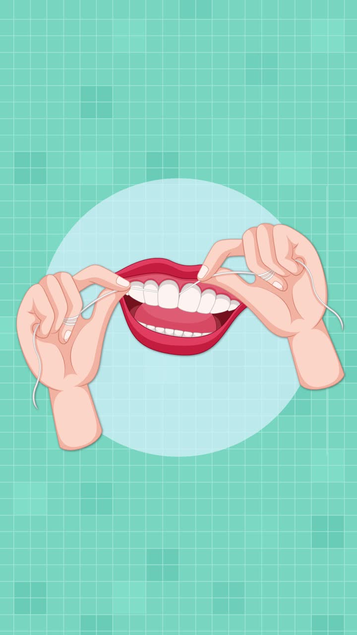 Vector animation shows hands using dental floss between teeth in a stylized mouth, with smooth, repetitive motion on a teal grid background