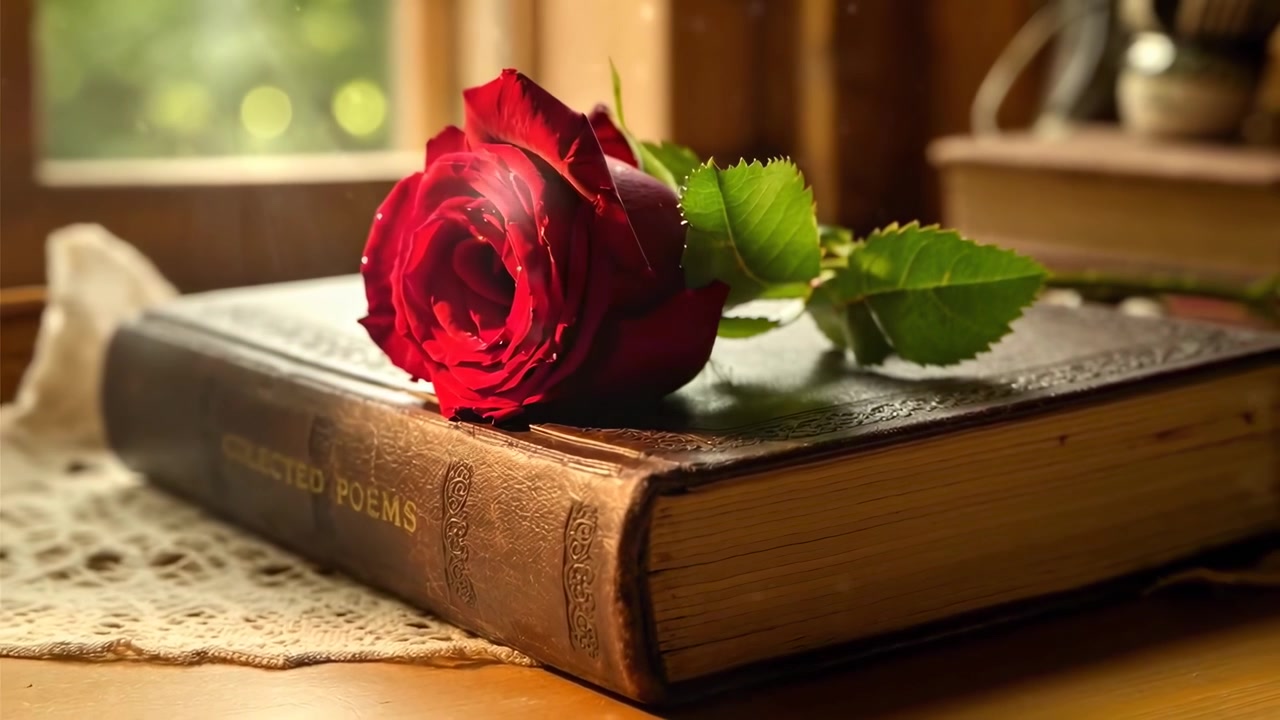 Rote Rose ruht auf einem alten Gedichtband im warmen Sonnenlicht