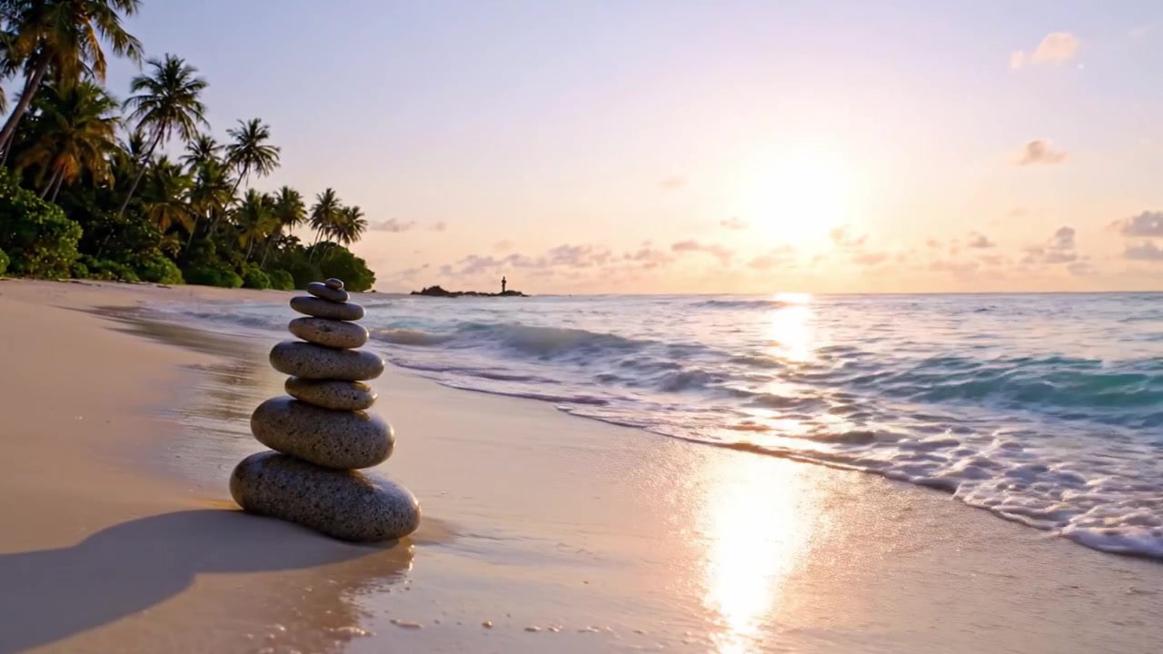 Uma cena de praia serena: Pedras em equilíbrio ao pôr do sol, capturadas numa costa tranquila com ondas suaves e árvores tropicais exuberantes ao fundo