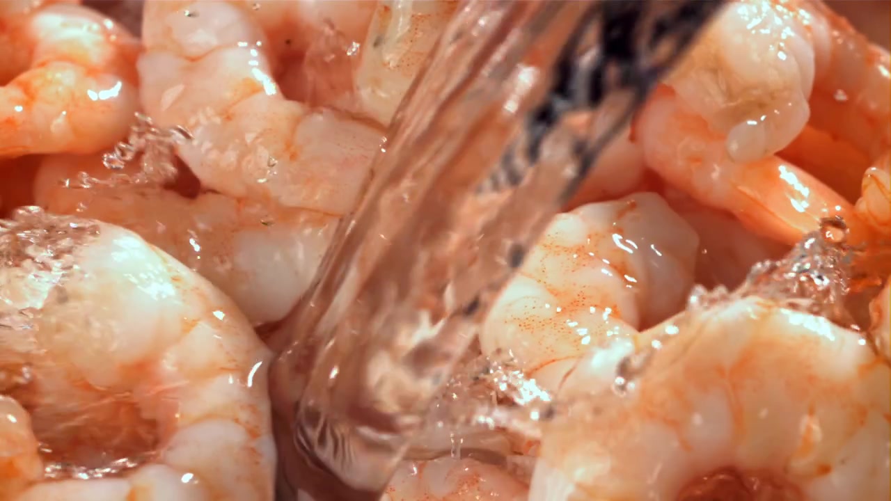 Gamberi freschi cotti che vengono sciacquati sotto acqua corrente.
