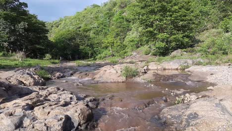 wild mountain river flowing with stone boulders and stone rapids