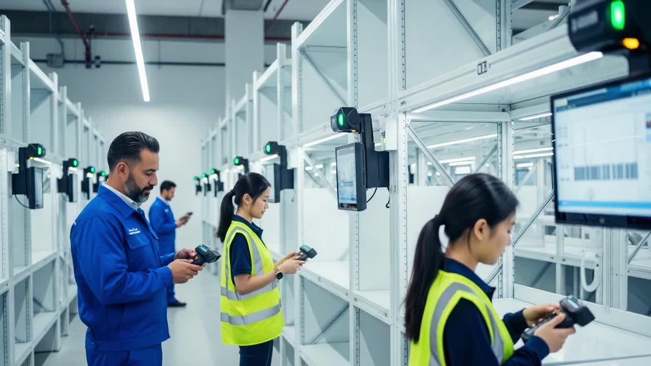 Warehouse Operations: Employees Engaged in Scanning and Inventory Management with Barcode Scanners in a Well-Organized Storage Facility