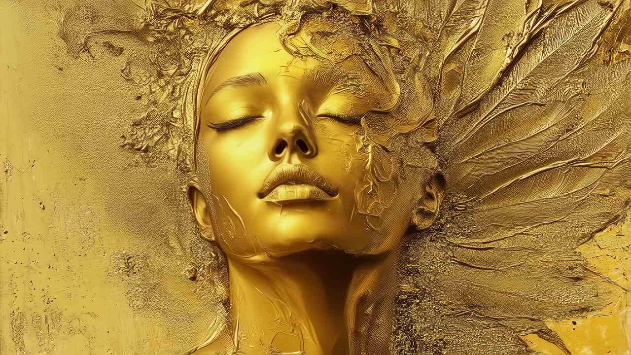 Golden artistic representation of a woman with closed eyes, covered in gold paint and adorned with golden leaves, creating a luxurious and elegant atmosphere