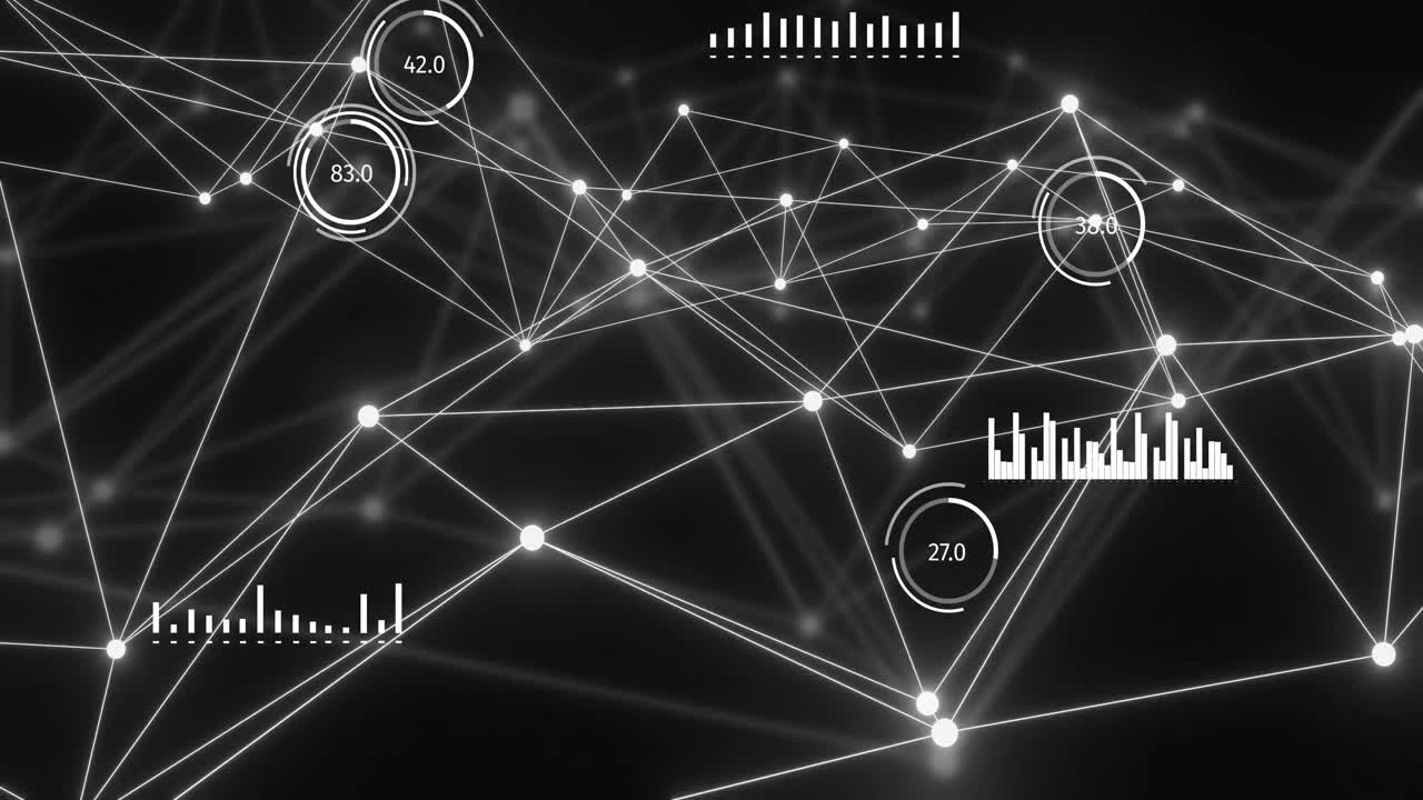 Animation of bright white network and data processing over distant network on black background