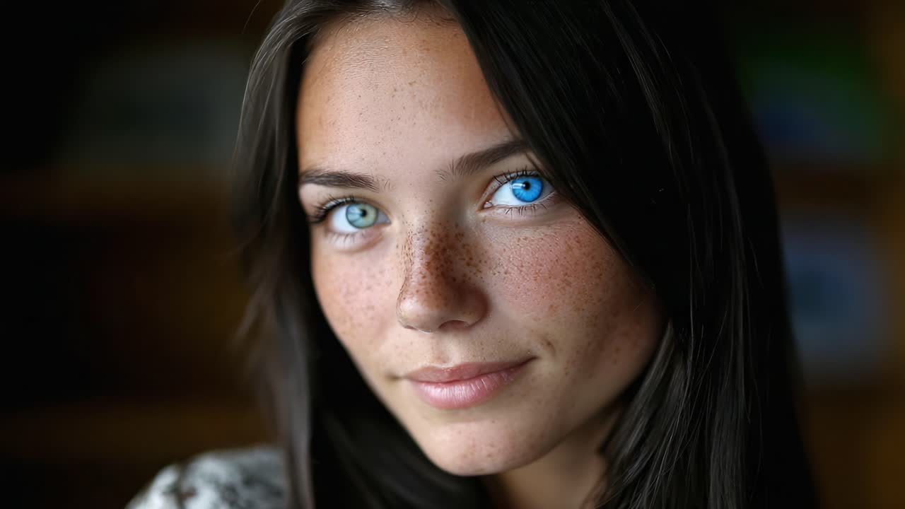 Captivating Portrait of a Young Woman with Striking Blue Eyes and Freckles, Highlighting Natural Beauty and Expressive Charm in a Soft Focus Background