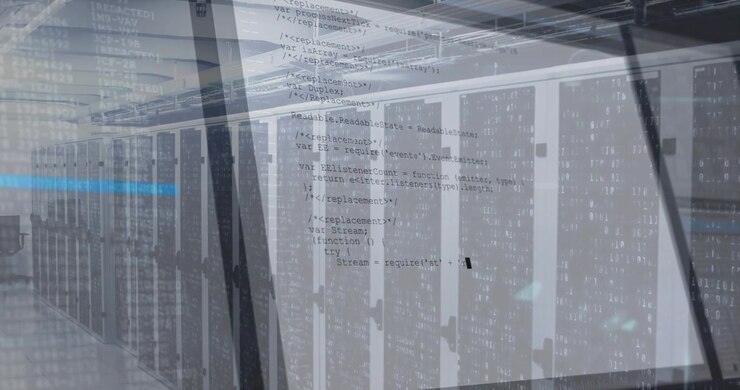 Fading code overlay initiating data processing, scrolling up and shifting right over server racks