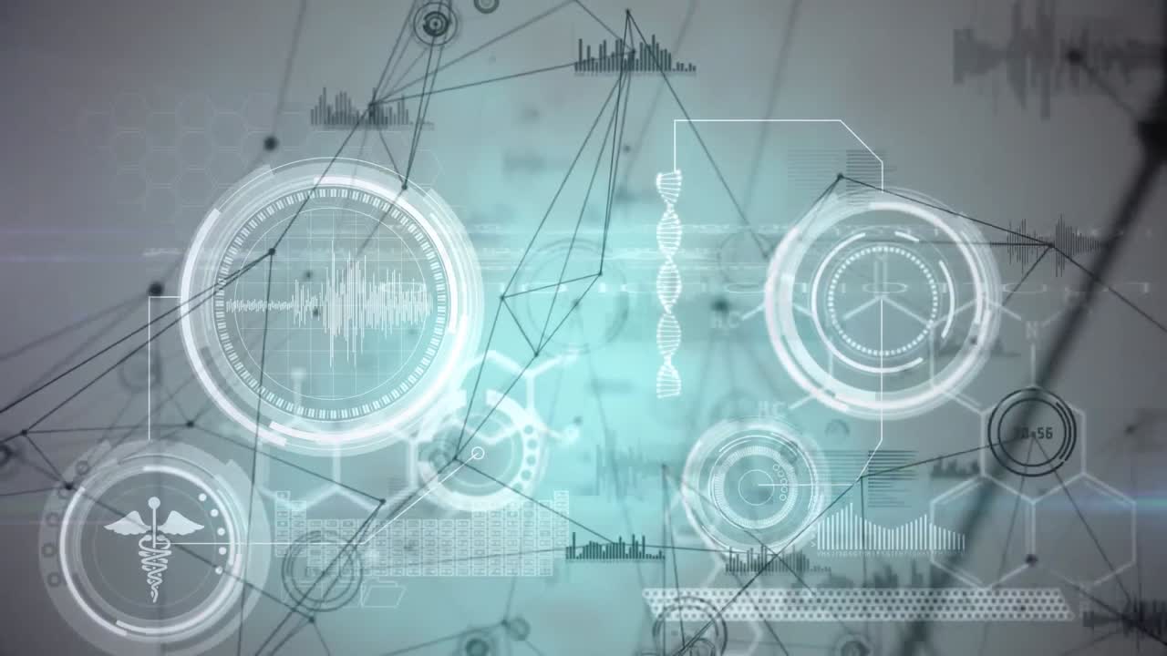 연결 네트워크의 애니메이션과 백색 배경에 대한 의료 데이터 처리