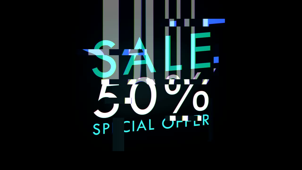 50% 할인 및 특별 제안 판매 프로모션 광고 글리치 텍스트 트위치 효과 루프 배경 온라인 쇼핑 할인 청구에 대한 거래 가격 태그 신호 디지털 글리치 4k 모션