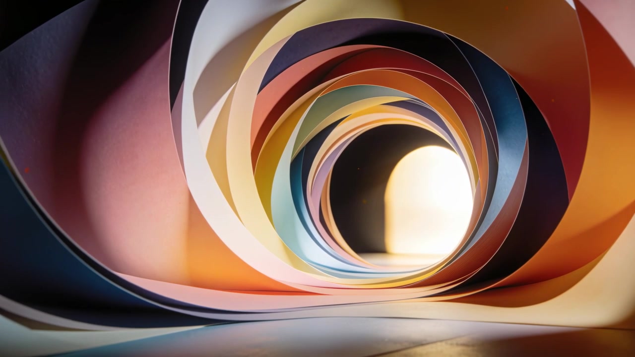La cámara se acerca, adentrándose en un túnel de papel en espiral sobre una mesa de estudio, enfatizando los colores y la retroiluminación.