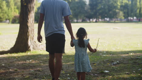 rear view of man walking with toddler daughter in park