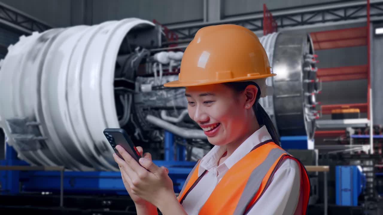 Close Up Side View Of Asian Female Engineer With Safety Helmet Using Smartphone While Standing With Airplane Engine Maintenance Conducted