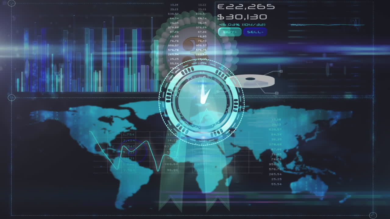 animación de reloj en movimiento sobre el procesamiento de datos y el mapa del mundo