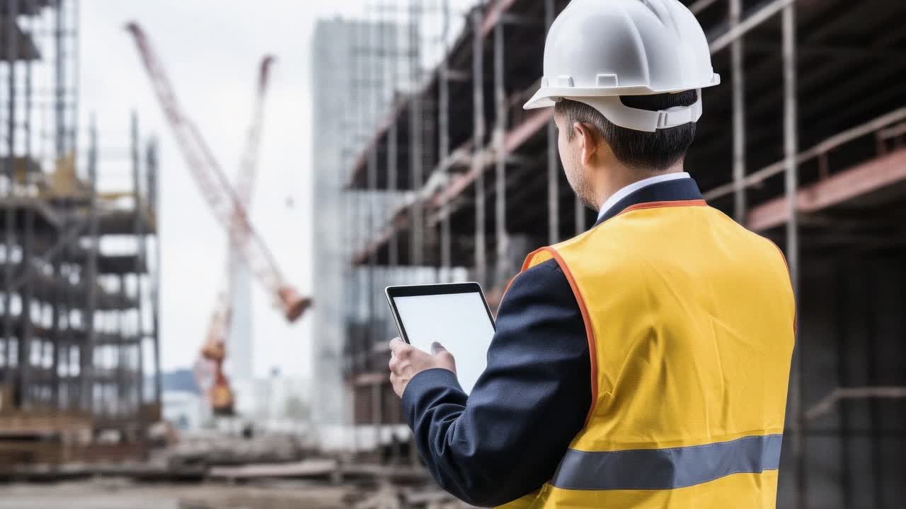 A construction manager in a hard hat and vest uses a tablet on-site