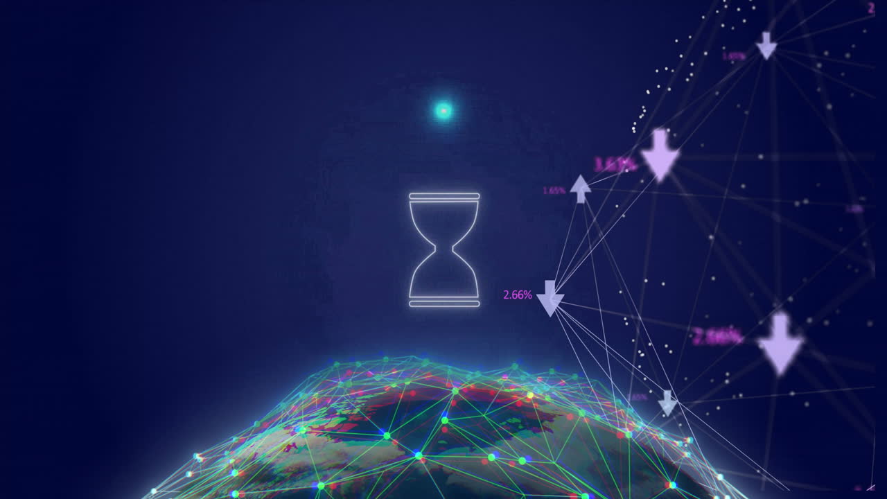 Animation of hourglass icon over data processing and globe