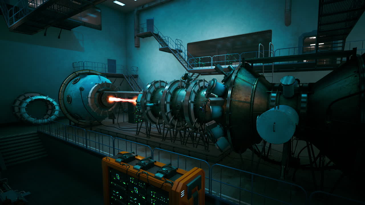 Futuristic laboratory featuring advanced machinery and energy sources