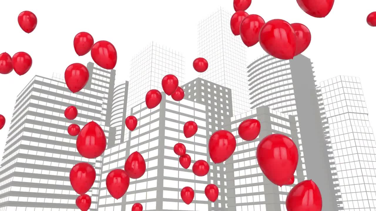 animación digital de varios globos flotando sobre edificios altos modelo contra un fondo blanco