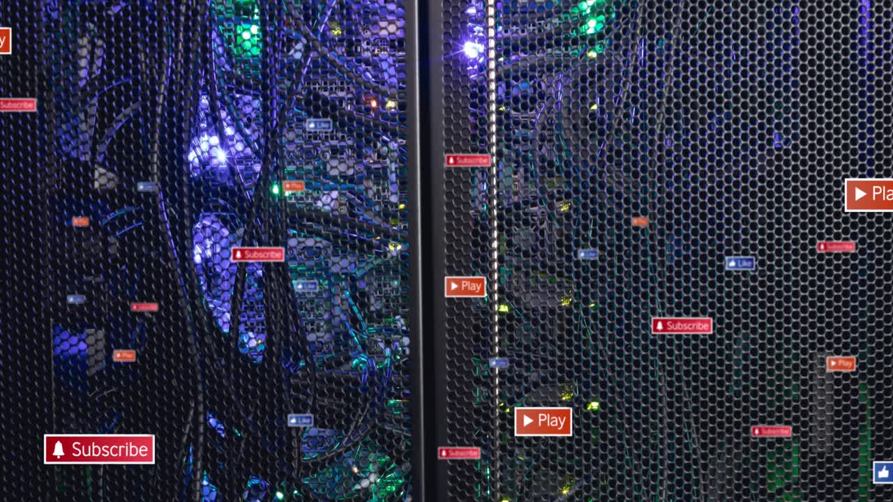 animación de iconos de redes sociales contra el primer plano del servidor de la computadora