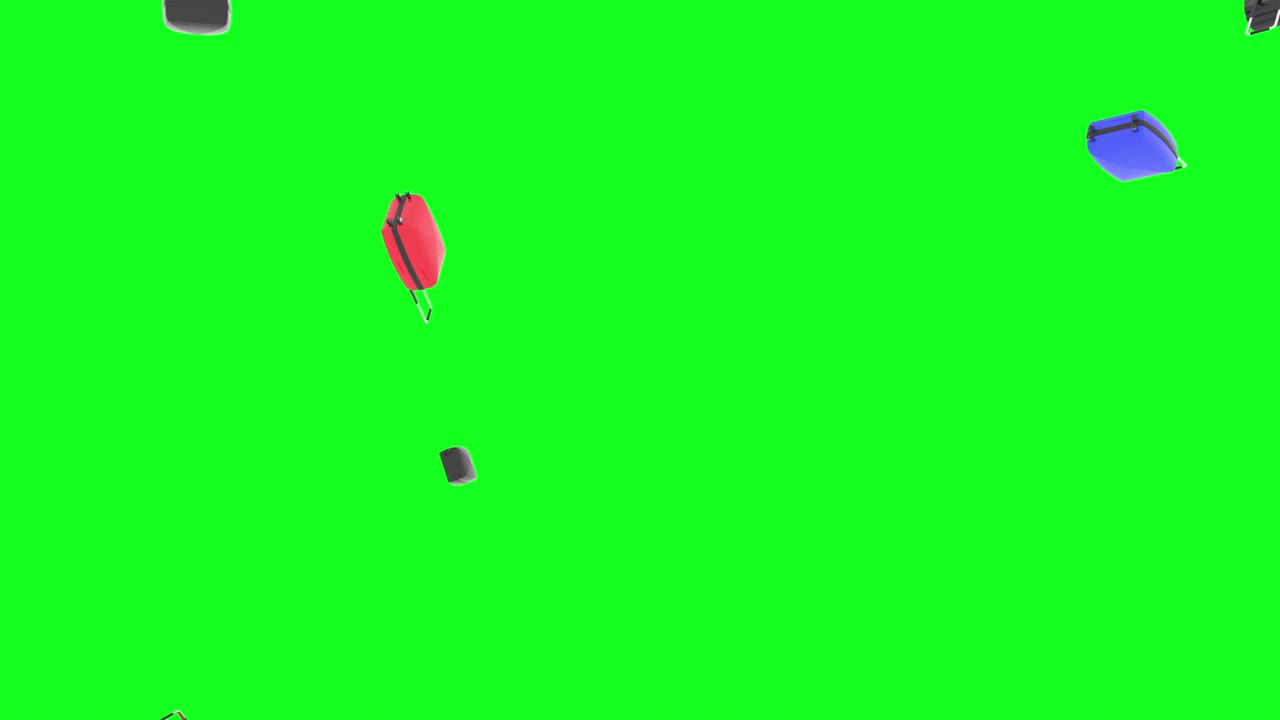 3d colorful suitcases , baggage or luggage falling on green screen chroma key background. Travel and vacation concept