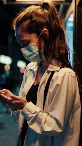 young woman wearing protective mask standing alone at bus stop during nighttime, using smartphone while waiting for public transportation in urban dimly lit environment