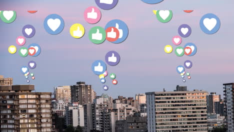city with tall buildings and flying social media icons