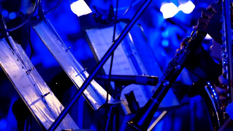 4K Close-up of musician playing clarinet in night outdoor concert