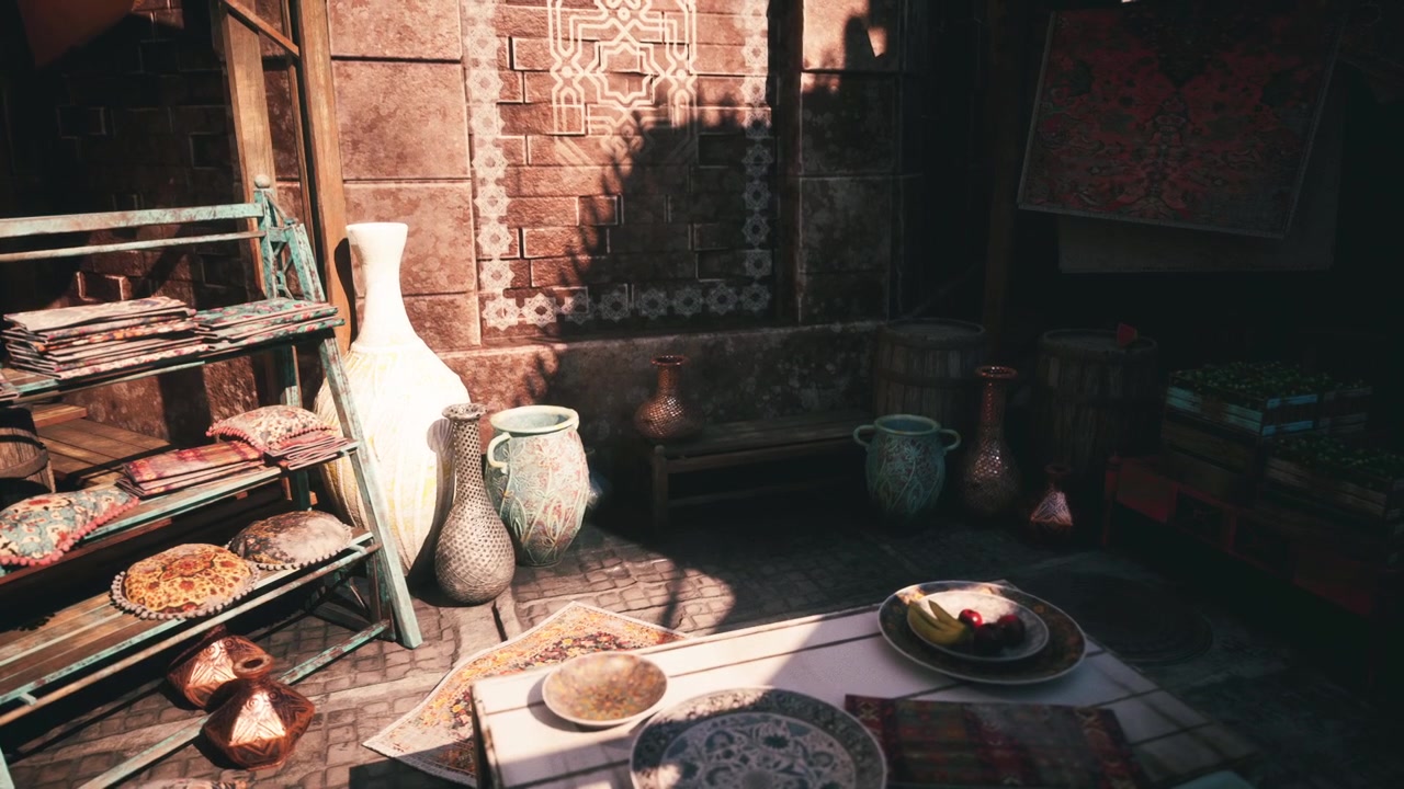 Craftsmanship in a sunlit artisan workshop showcasing pottery and textiles