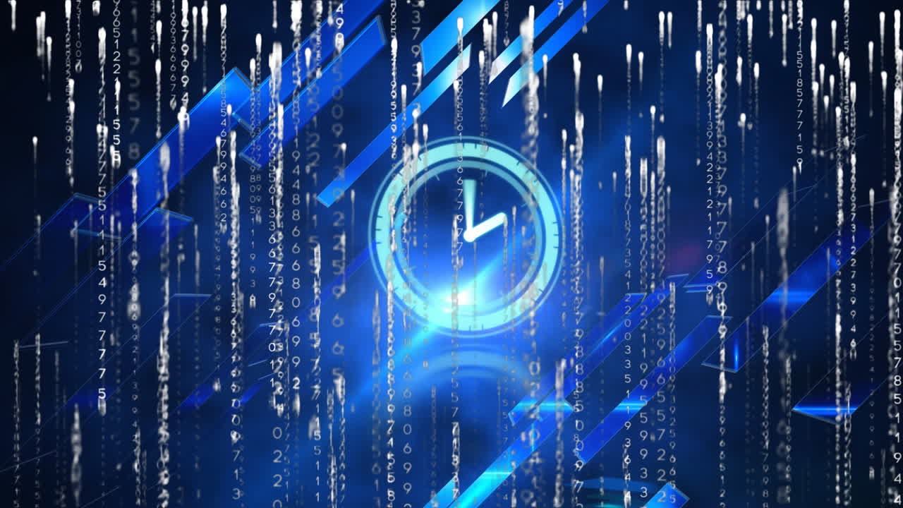 Animation of moving clock and data processing over blue shapes on black background