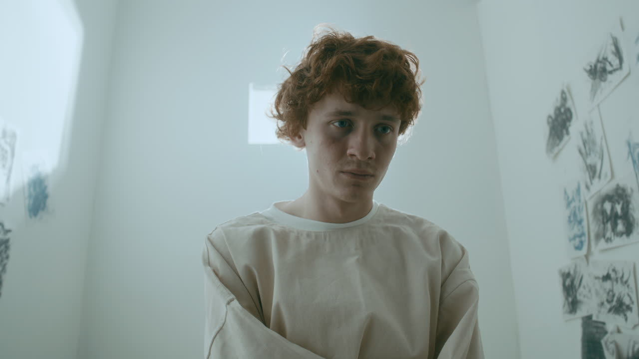 Depressed Psychiatric Patient Staring ahead with Sad Expression in Asylum