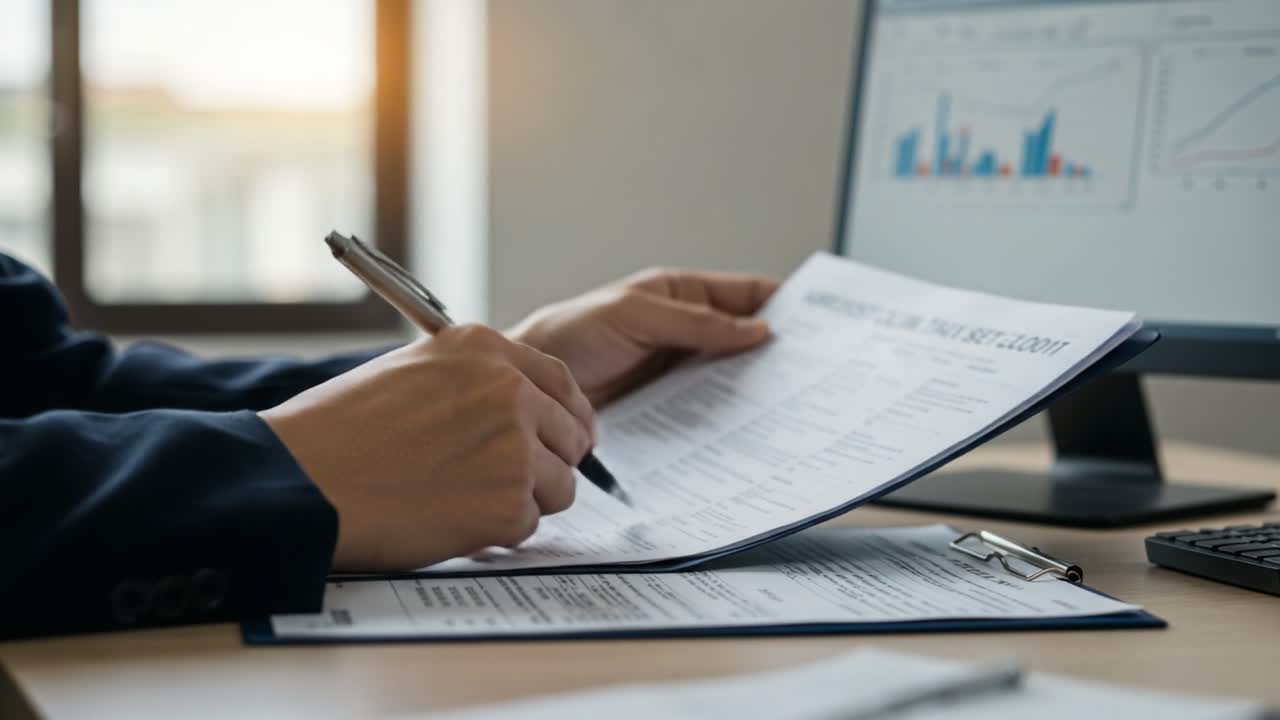 A Close-Up of Detailed Analytics Review: An Individual Analyzing Data Charts and Reports in a Professional Office Environment