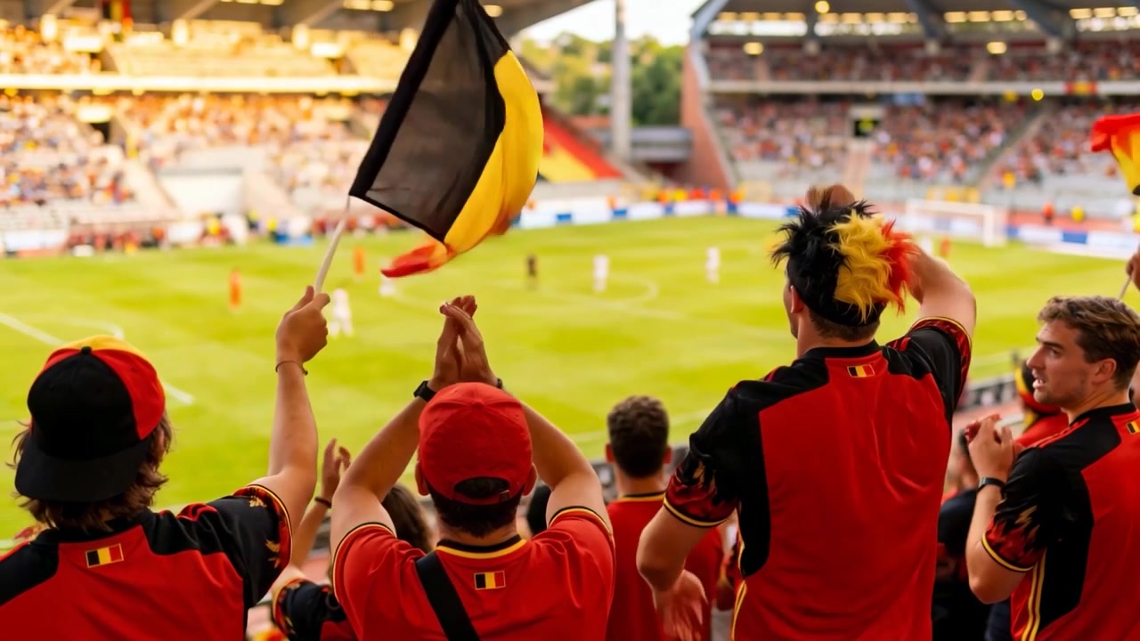 Aficionados animando con equipaciones de equipo reaccionando a la jugada que se desarrolla en el campo del estadio, ondeando banderas, aplaudiendo