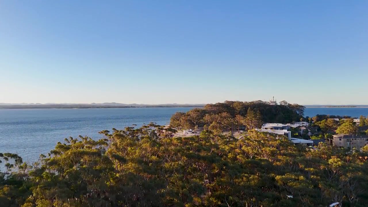 Dron se eleva sobre eucaliptos costeros para revelar una vista panorámica del océano en Nelson Bay