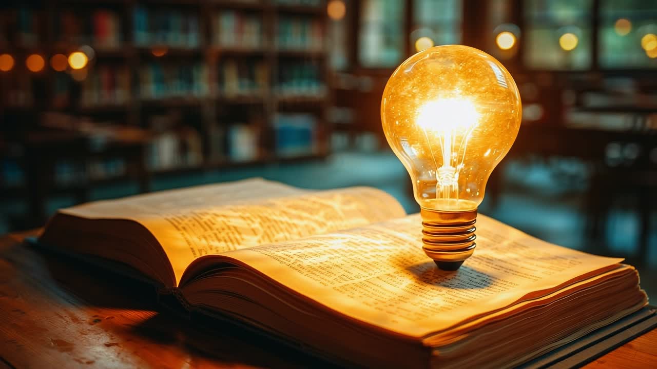 Bright bulb illuminating an open book. A glowing light bulb sits on an open book in a cozy library, casting a warm glow in the quiet atmosphere.