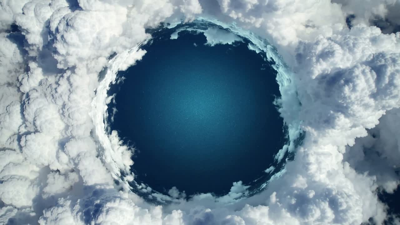 La visuale che si ingrandisce rivelando un'apertura blu intenso sulle sommità delle nuvole, con l'anello di nuvole che si assottiglia e il centro che si schiarisce.