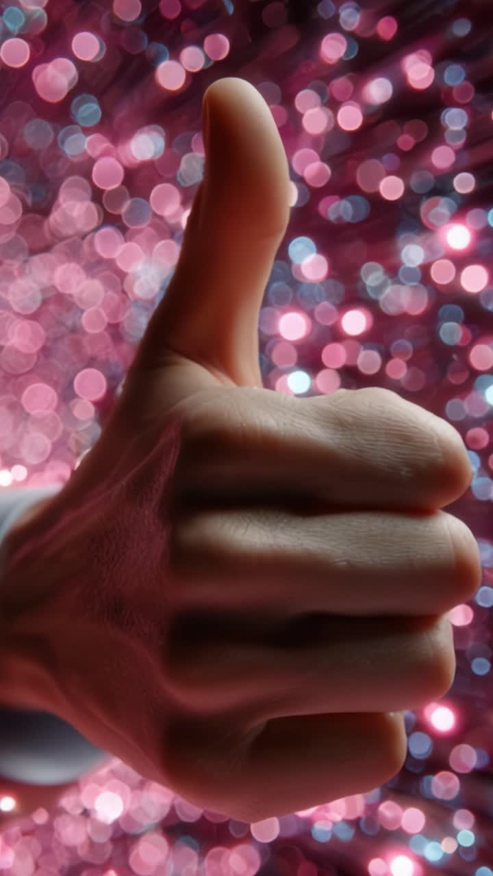 Primo piano di una mano che fa il gesto del pollice in su contro uno sfondo vibrante di luci bokeh rosa e viola scintillanti, catturate in due cornici distinte.