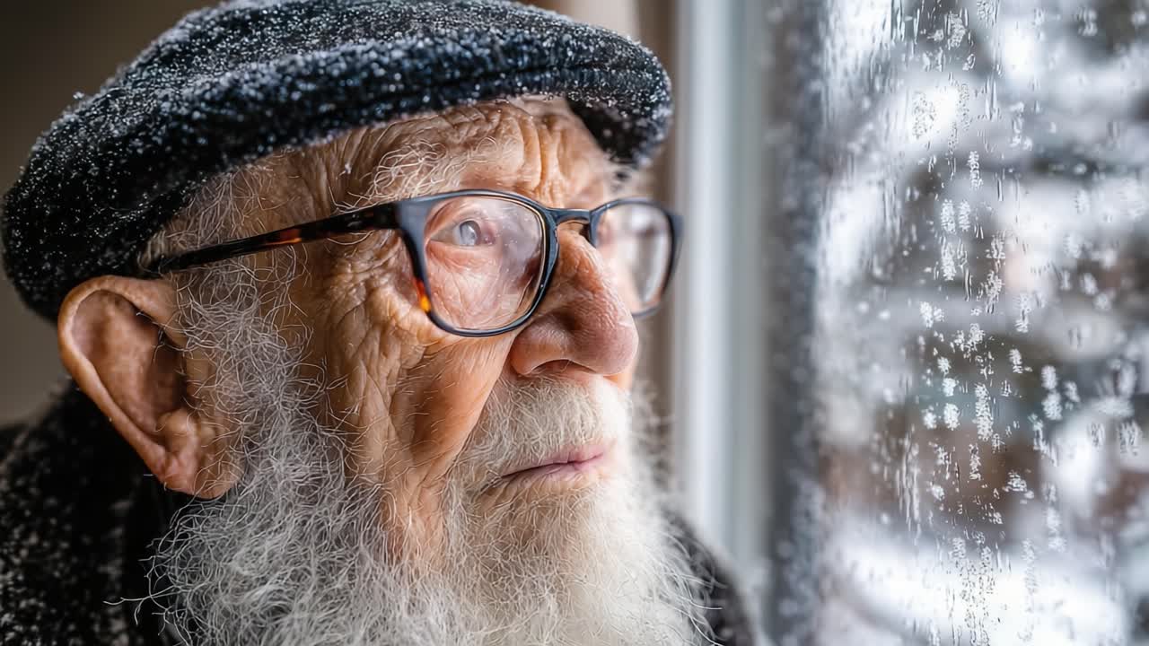 A Pensive Elderly Man Gazing Out the Window as Snow Falls, Capturing the Reflection of Memories and Tranquility Amid Winter's Embrace