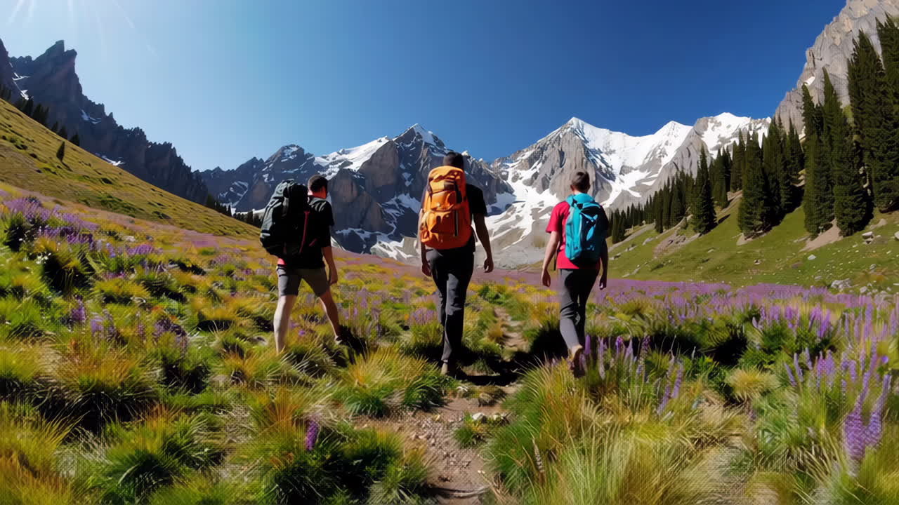 excursionistas en un valle de montaña
