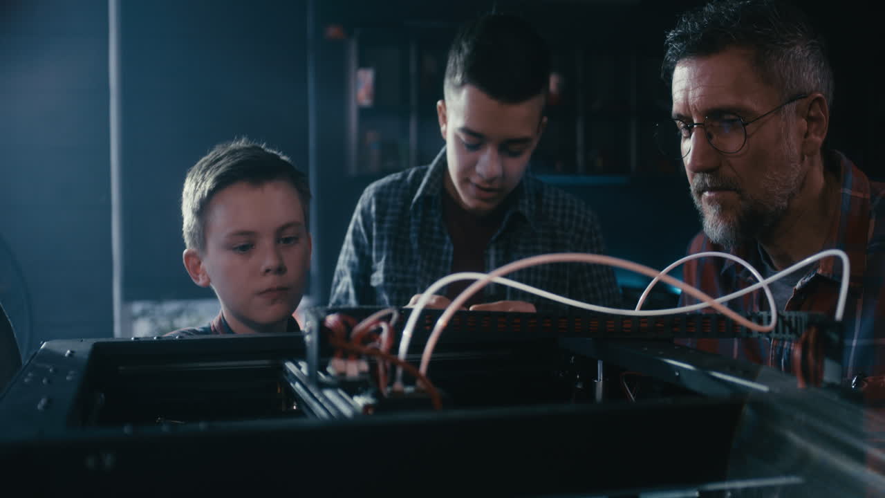 Students learning 3D printing with a teacher