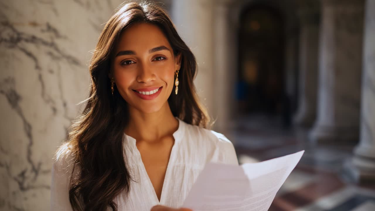 Una donna sicura di sé è in piedi in un interno ampio ed elegante, intenta a leggere un documento con espressione concentrata. Il suo sorriso cordiale trasmette equilibrio e determinazione in un ambiente stimolante.