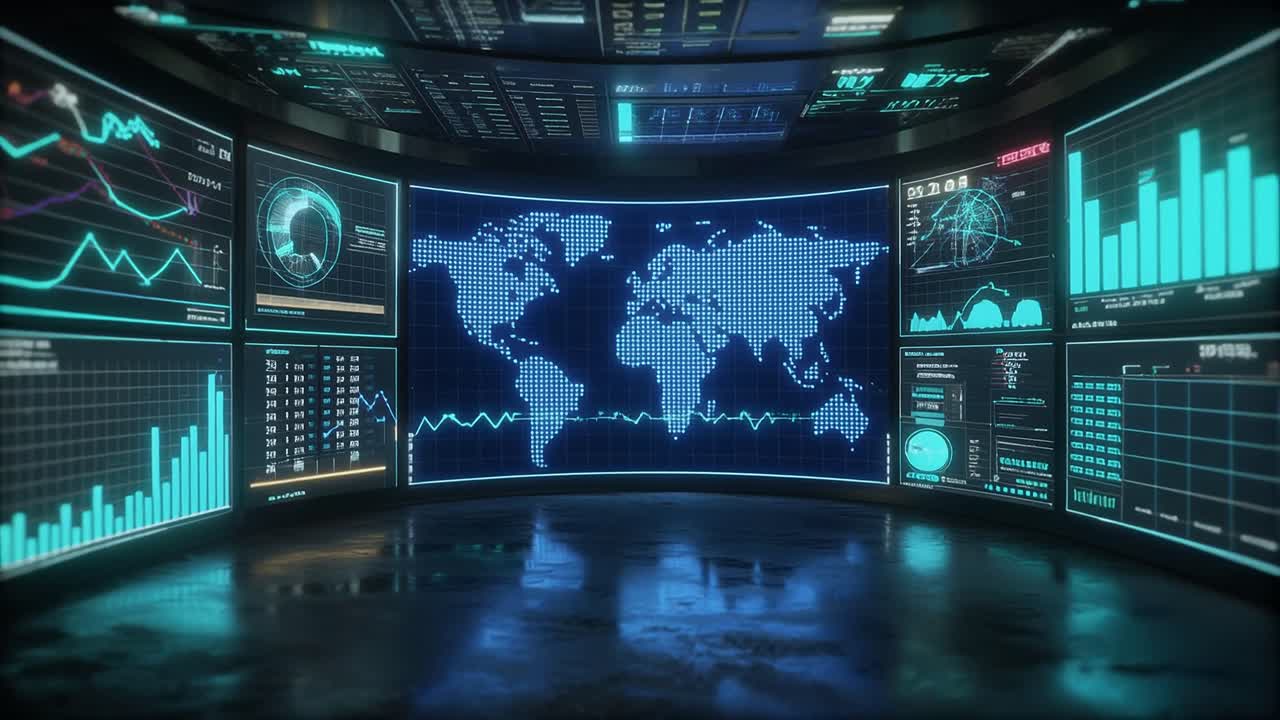Futuristic Data Visualization with World Map and Graphs