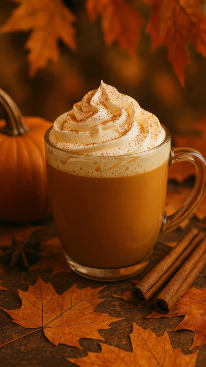 Warm autumn scene with a close-up angle of a pumpkin spice latte topped with whipped cream