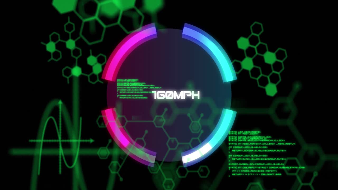 속도계와 검은 바탕 위의 과학적 데이터의 애니메이션